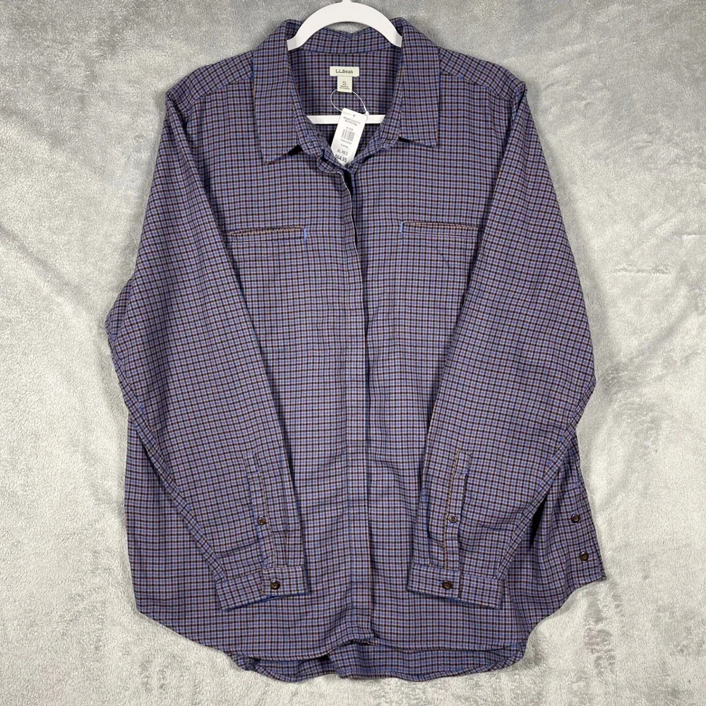 L.L. Bean Wicked Good Flannel Shirt Men‎ XL Nutmeg Blue Brown Houndstooth New